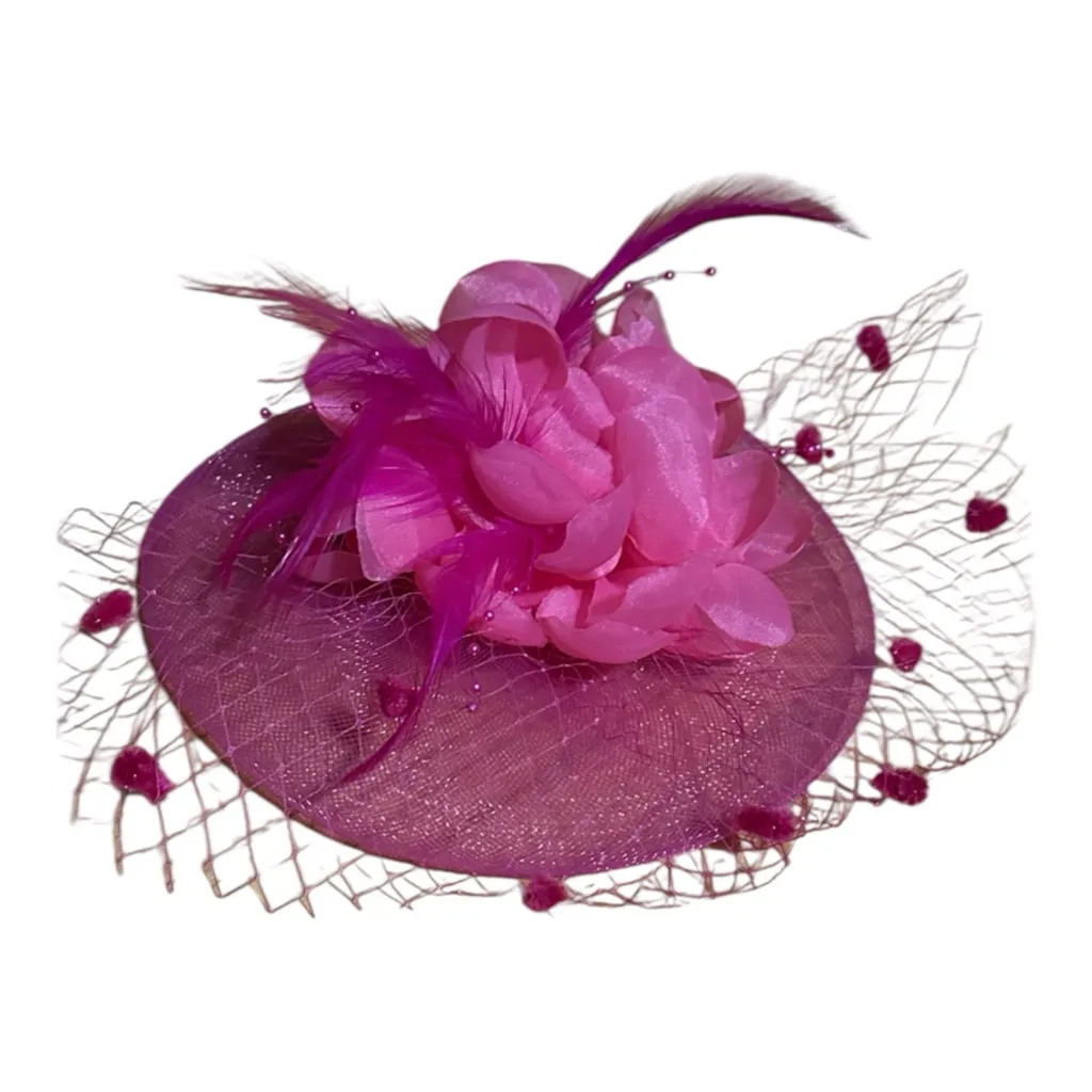 Elegant Fushia Pink Feather & Mesh Fascinator Hat with Hair Clip - Image 2
