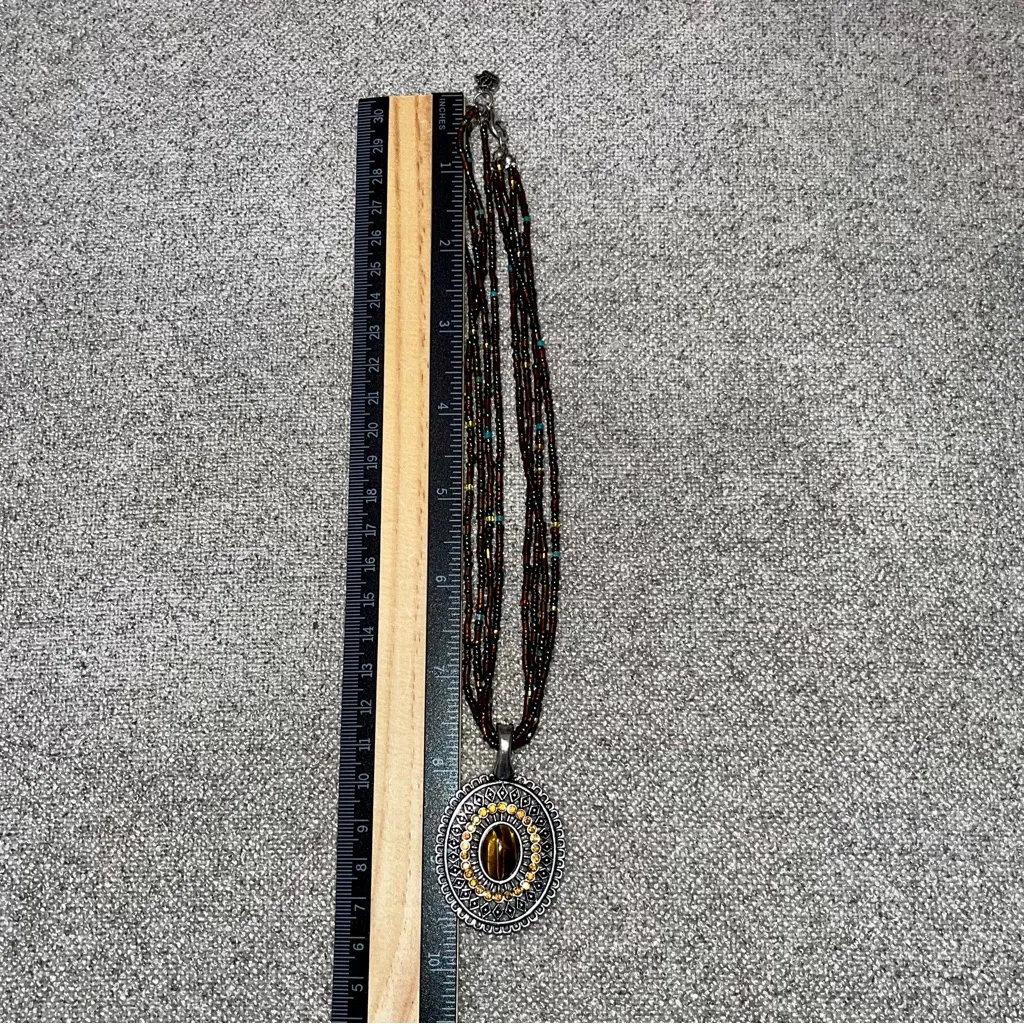 Vintage Beaded Multi Strand Necklace w Reversable Pendant Turquoise Tiger Eye - Image 4