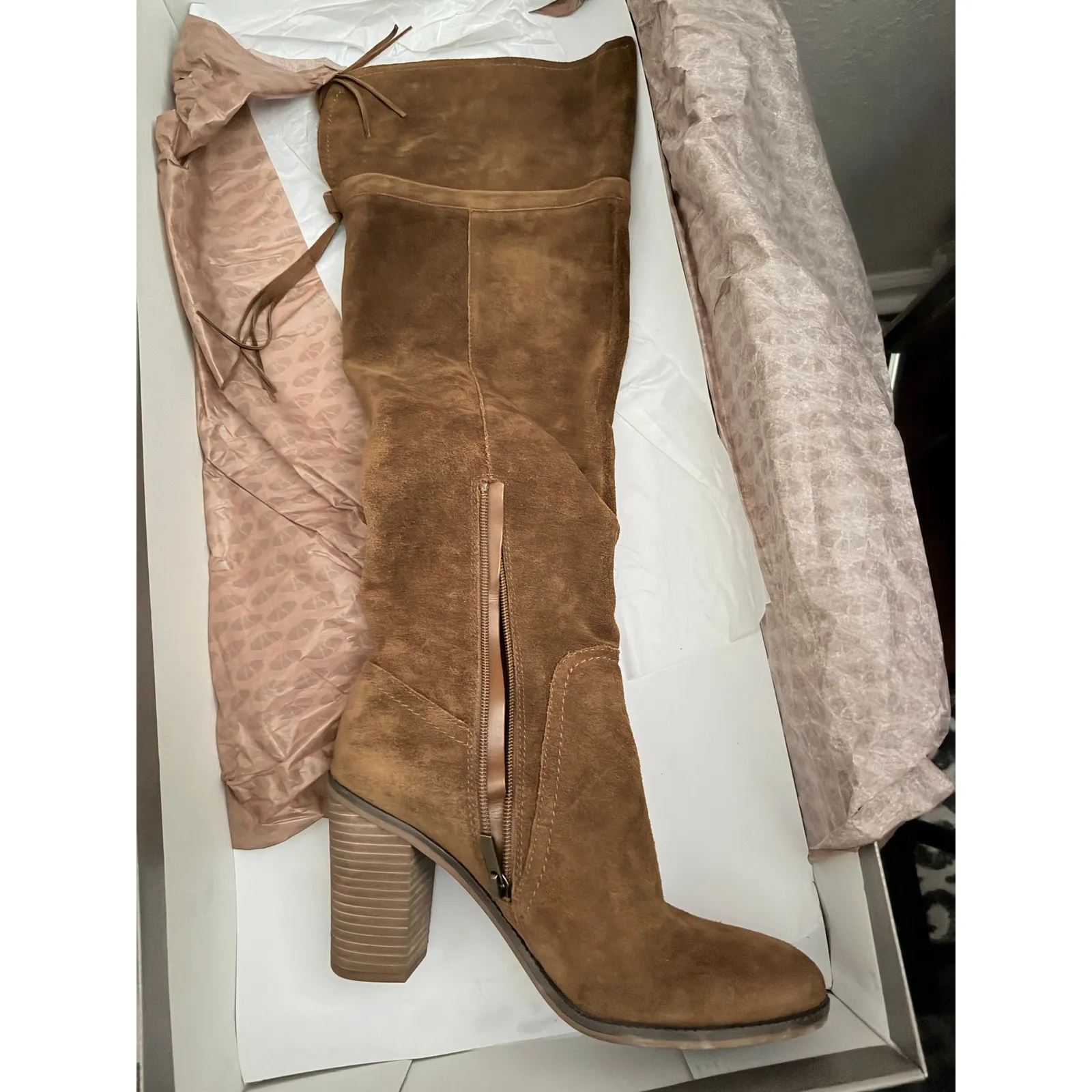 Dolce Vita Chocolate Brown Suede Over the Knee Stacked Heel Boots - Image 2