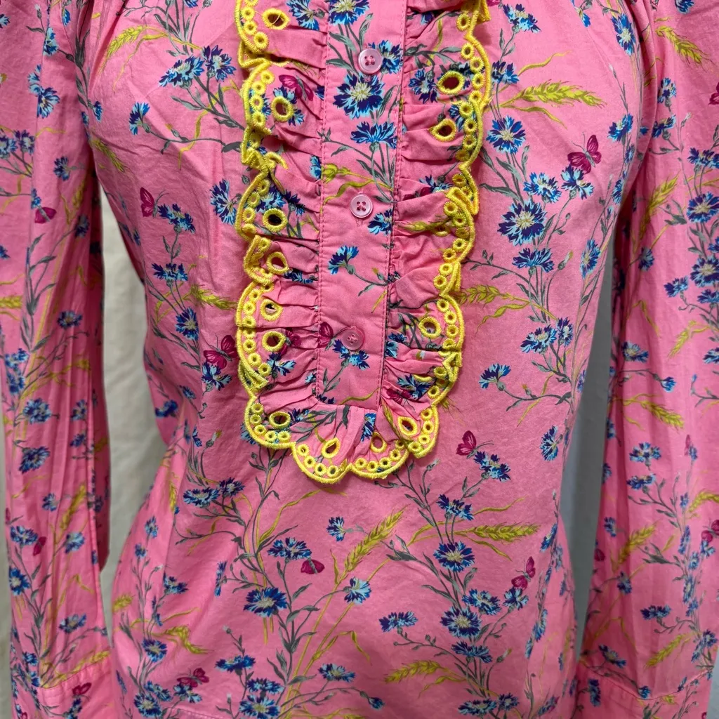 J. Crew Women Pink Floral Liberty Fabric Peasant Blouse Sz S Embroidered Details - Image 6