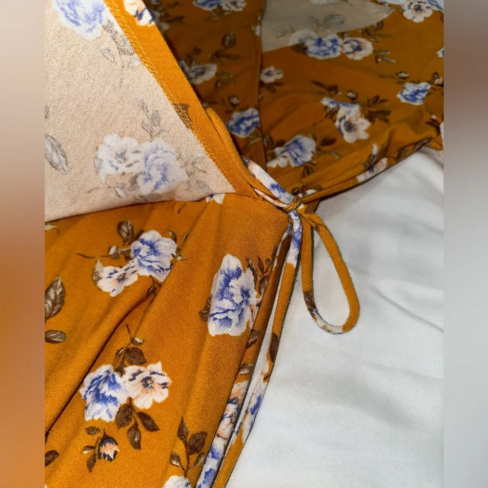 Altar’d State Mustard Yellow Floral Faux Wrap Midi Dress size small - Image 3