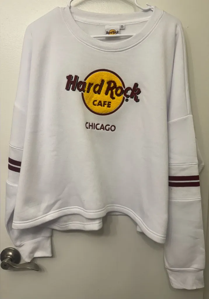 NWT Hard Rock Cafe Chicago Women's Fleece Chenille Chain Stitch Crop Crew - Image 1