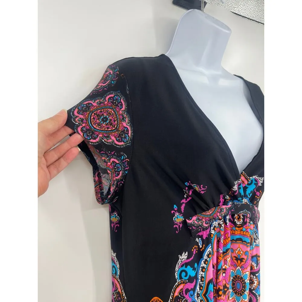 Snap Y2K Babydoll Dress Sz L Paisley Boho Festival Hippie Retro Stretchy Artsy Black Size L - Image 4