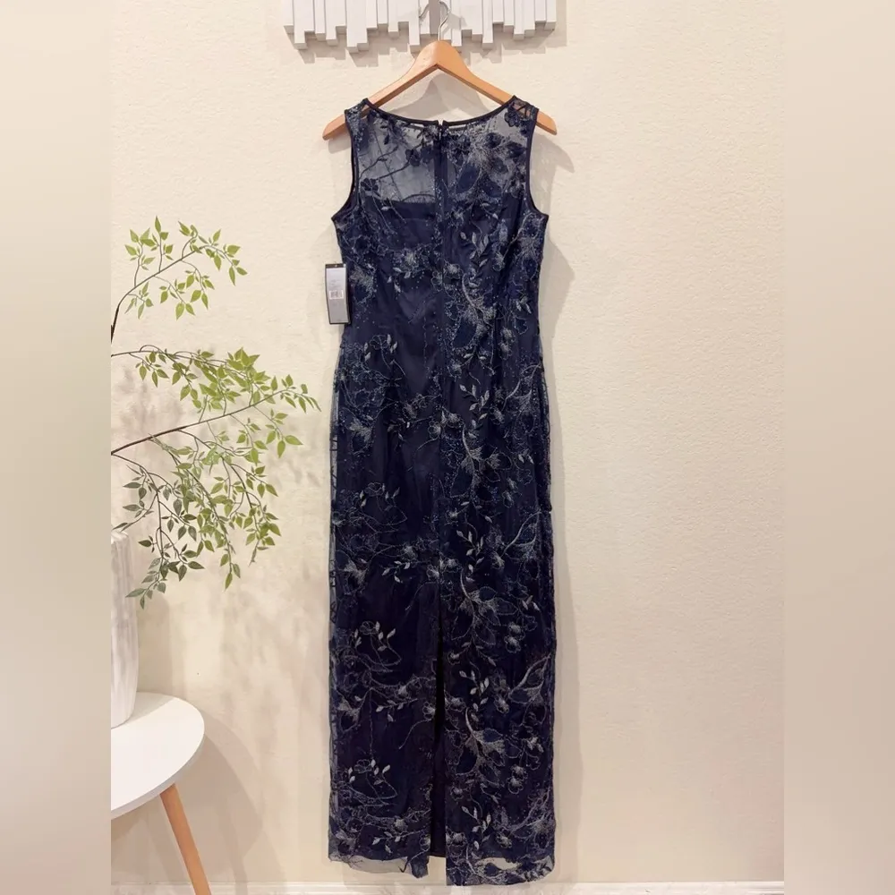 Tahari by Arthur S. Levine Women's Embroidered Lace Column Gown Navy Size 8 New - Image 7