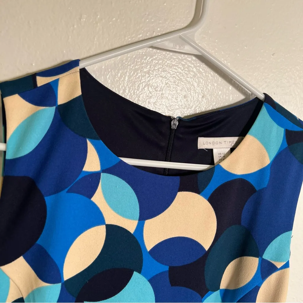 London Times Sleeveless Fluted Sheath Dress with Belt Blue Polka Dots 12 - Image 6