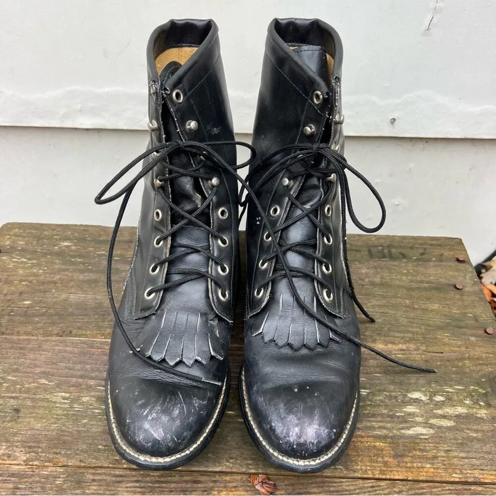 VTG 80s 90s Roy Cooper black lace up roper cowgirl western boots kilte fringe 8M Size 8 - Image 2