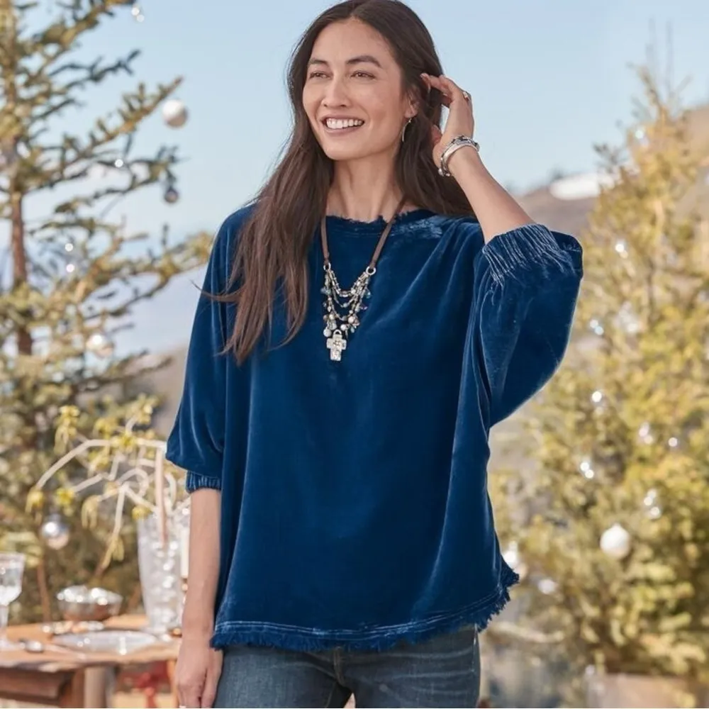 Sundance Alannah Velvet Top Size P Medium Paisley Midnight Blue Raw Hem Bohemian - Image 12