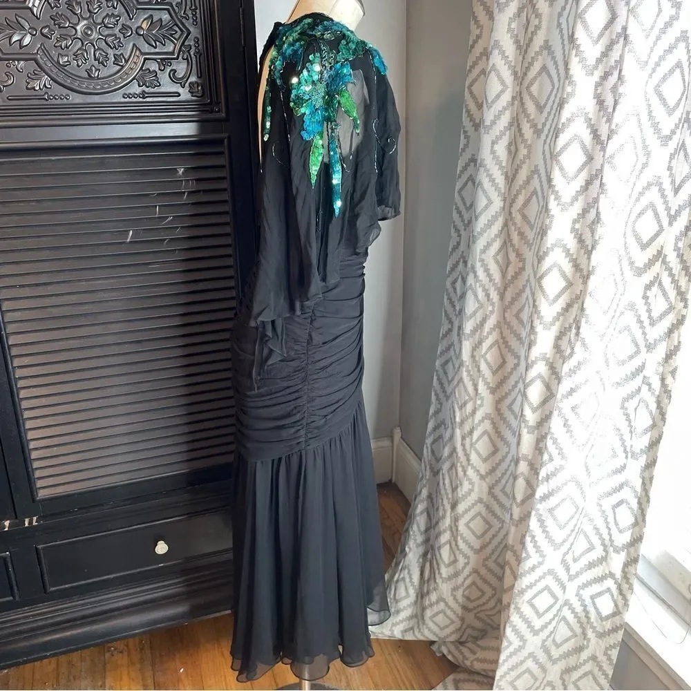 1980s Casadei Black Ruched Turquoise Sequined Gatsby Deco Flapper Dress Cape 12‎ - Image 5