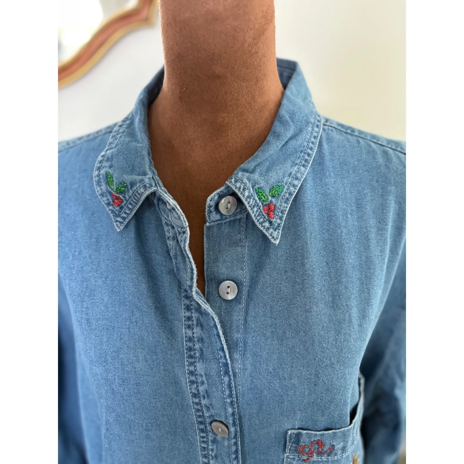 Bobbie‎ Brooks Denim Shirt Christmas Tree Embroidery Holiday Top 14W/16W Blue - Image 3