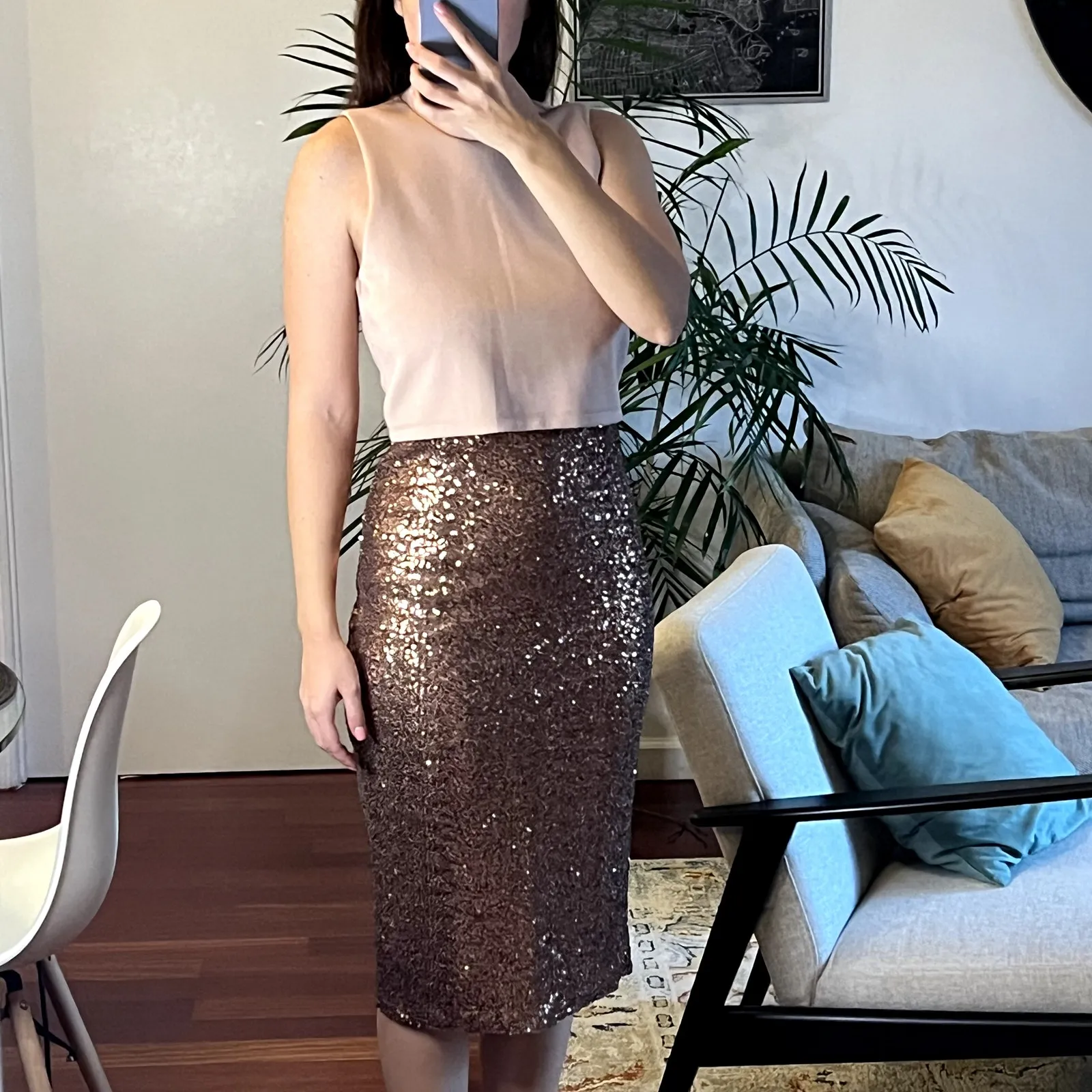 Asos Midi metallic brown beige sequin dress Turtle neck Sleeveless size 6 - Image 2