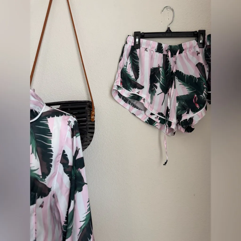 Plush Pink Stripe Jungle Pajama Short Set, Size Small Green - Image 3