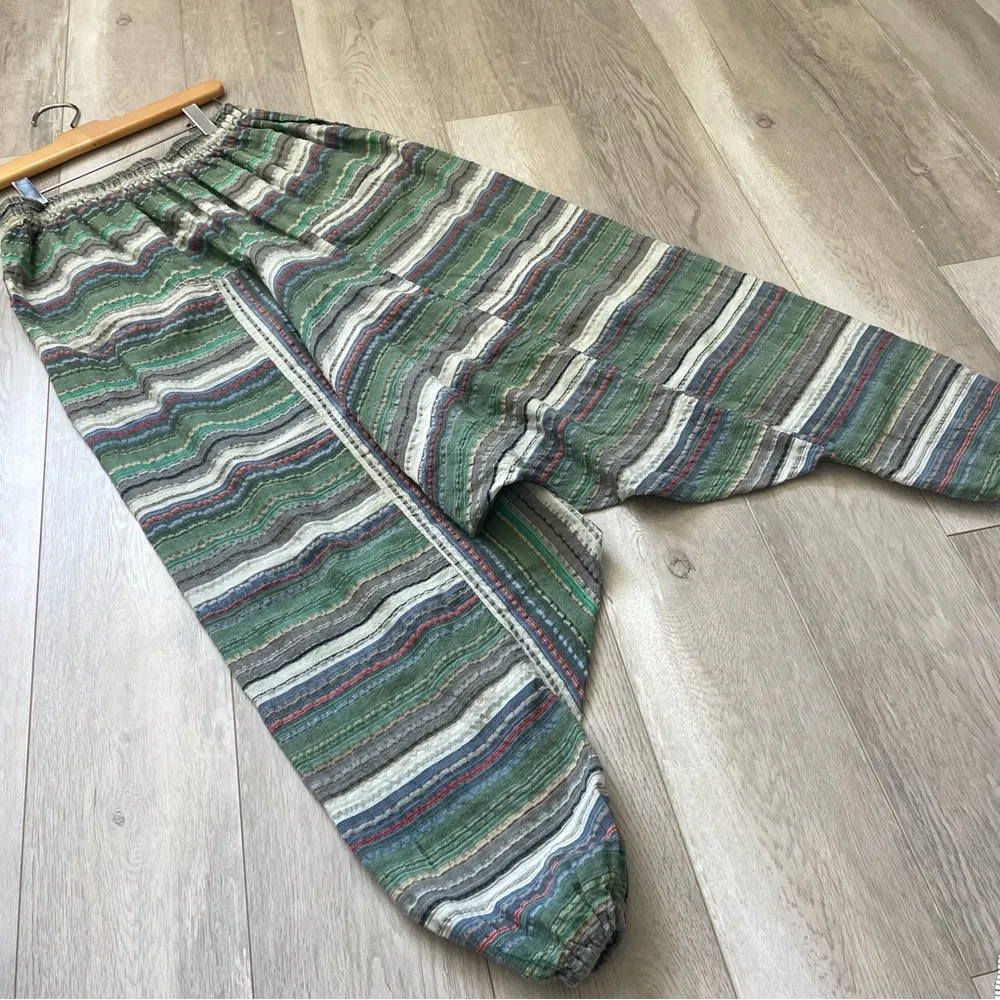 Striped Harem Pants cotton comfy womens Green (small) oversized boho shabby chic - Image 3