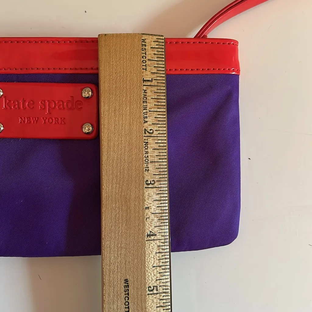 Kate Spade Chrissy wristlet wallet purple nylon with red patent trim and logo - Image 11