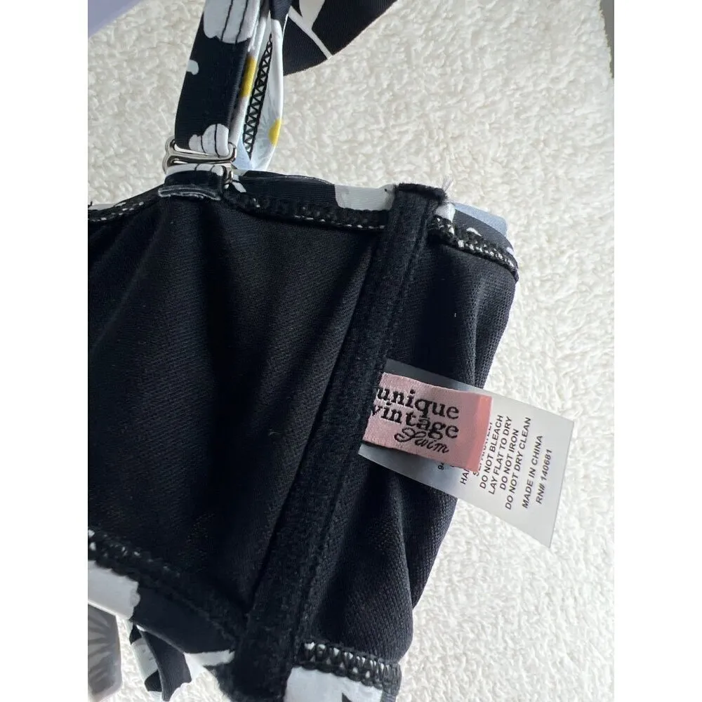 Unique Vintage‎ Womens Swim Top Size XS Black & White Daisy Print Southampton - Image 6