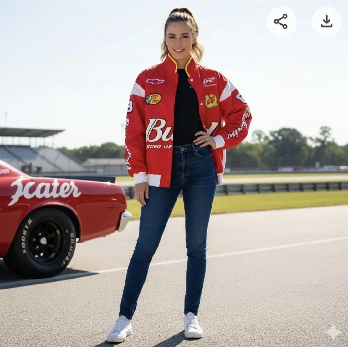 NASCAR Budweiser Jacket Womens Small Red Character Patch Moto Varsity Racing - Image 5