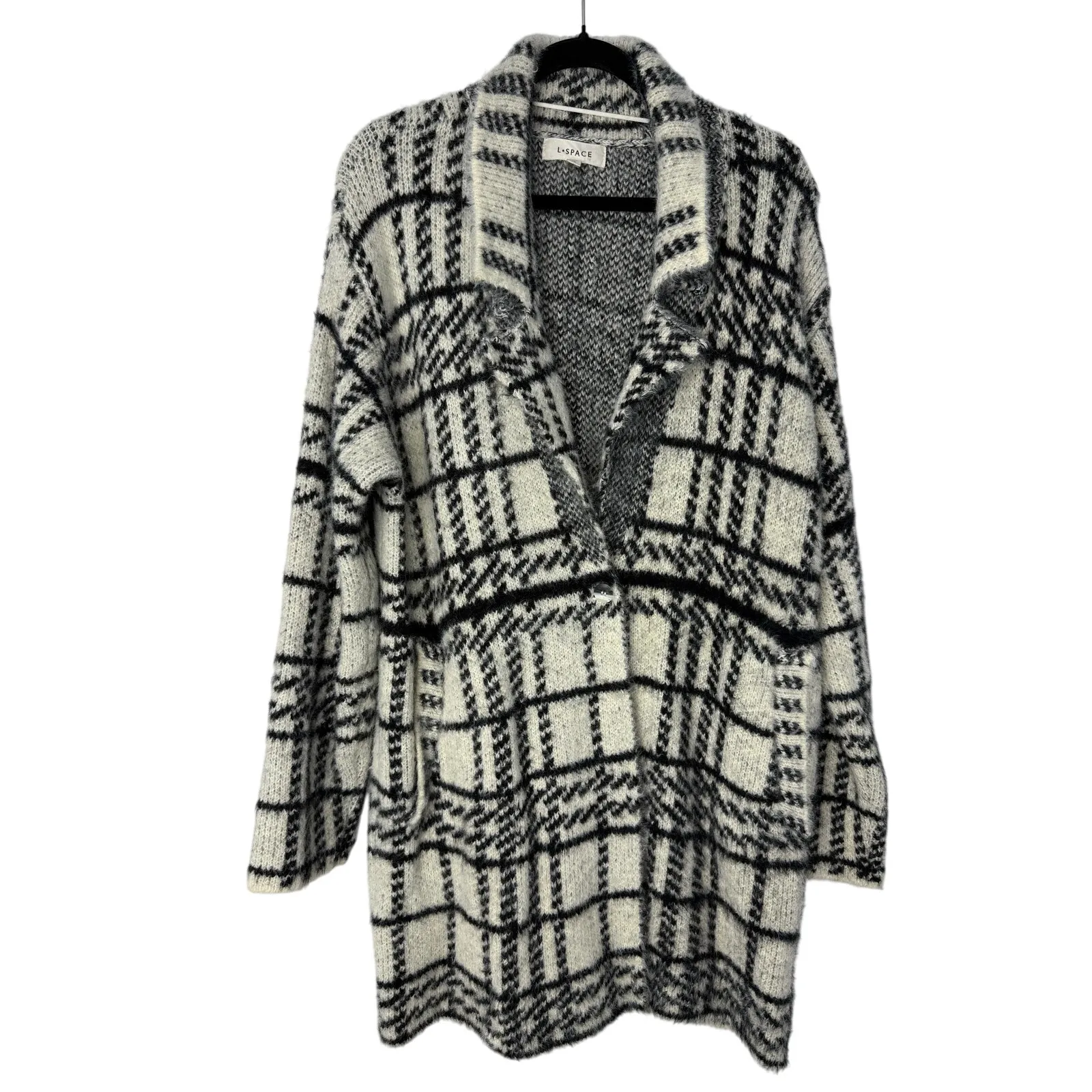 L*SPACE Stirling Sweater Coat in Plaid Ivory Black Women’s XL Cozy Quiet Luxury - Image 4