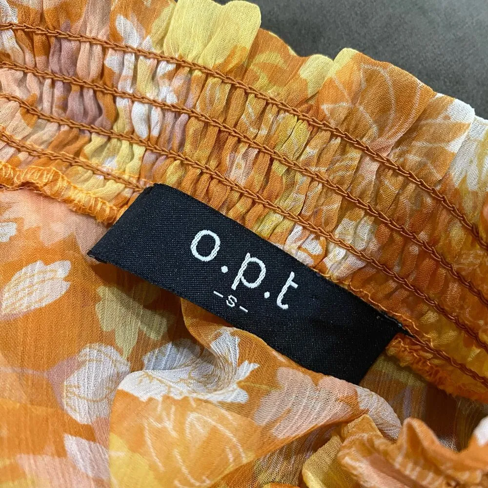 O.P.T X Anthropologie Orange Floral Sheer Smocked Long Sleeve Blouse - Image 10