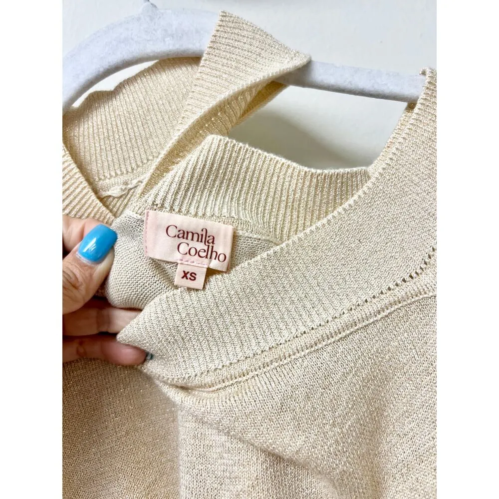 Camila Coelho Bexley Shimmer Long Sleeve Cutout Sweater Ivory Gold Women Size XS - Image 3