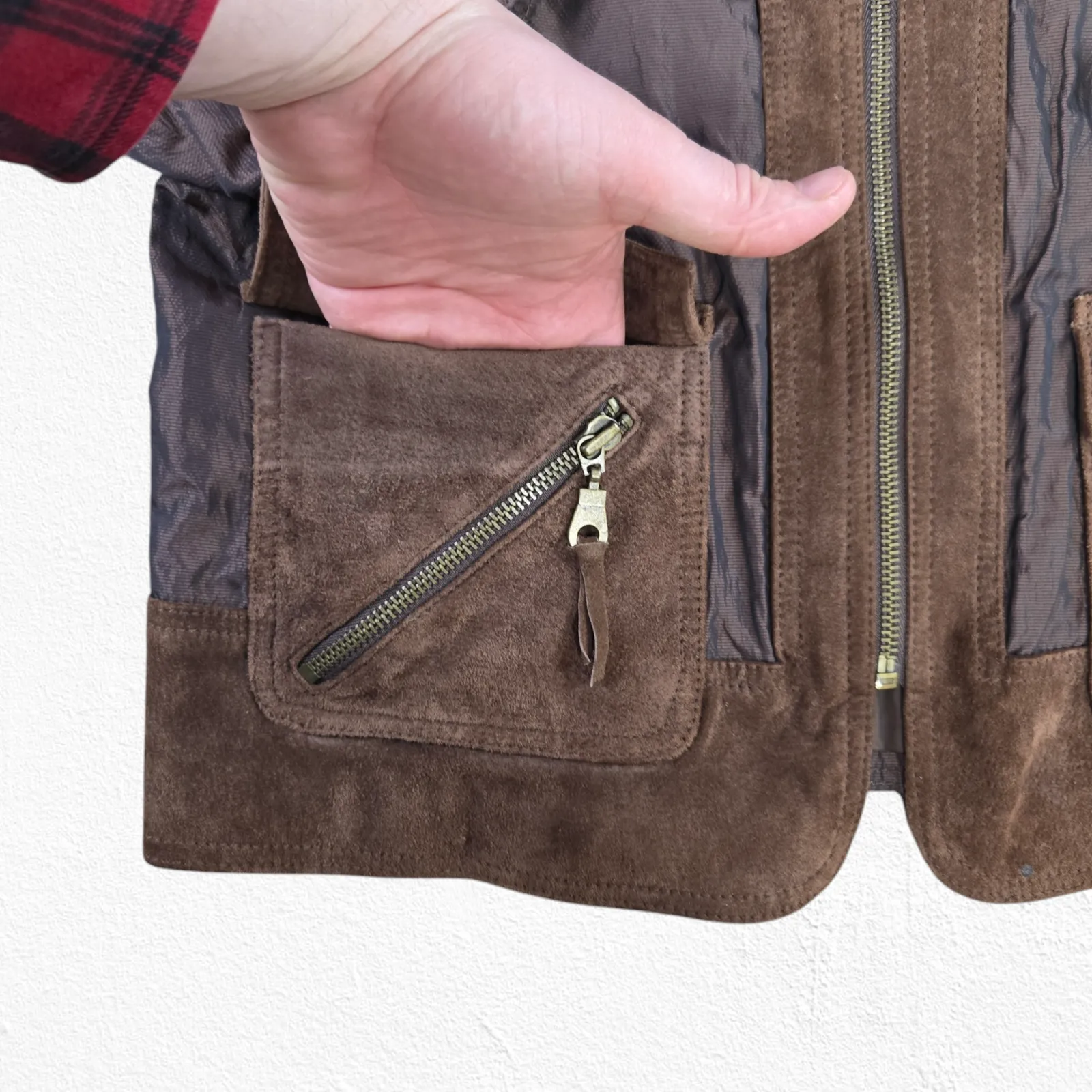 90s Vintage Brown Suede Leather Nylon Full Zip Chicos Utility Jacket Size Medium - Image 4