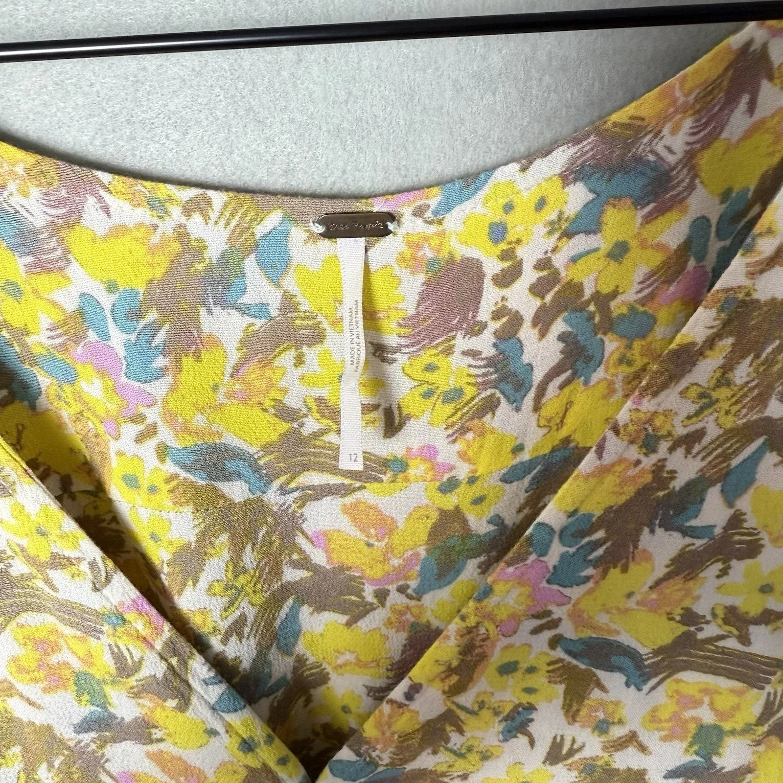 Free People Mini Dress Small Forget Me Not Floral Print Short Sleeve Yellow 12 - Image 4