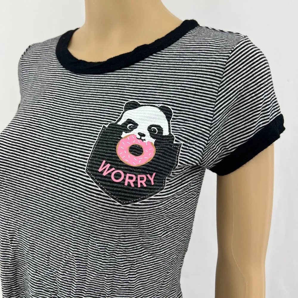 Ringostone MEDIUM Black Striped Panda Donut Worry Crop Baby tee Shirt T - Image 2