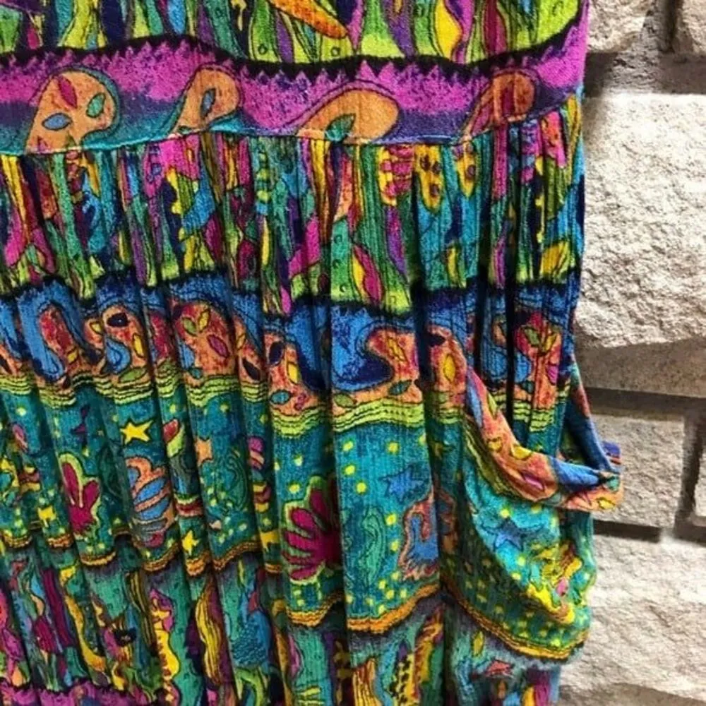 Bila Crinkle Maxi Dress Boho lisa Frank Tropical Fish Hawaii Vtg 90s Seashell L Size L - Image 6