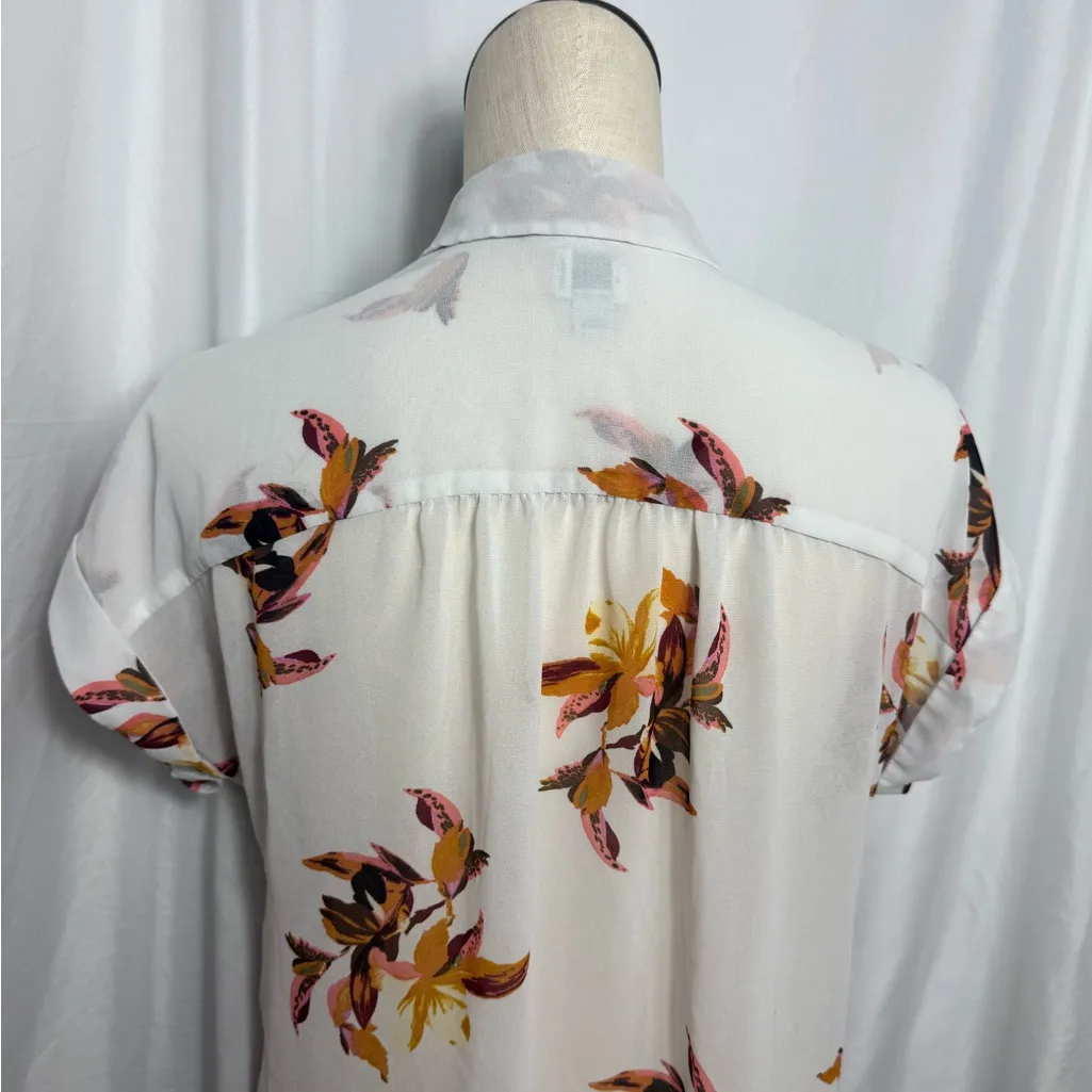 A New Day White Brown Leaf Leaves Neutral Sheer Button Up Blouse. Size Small - Image 5