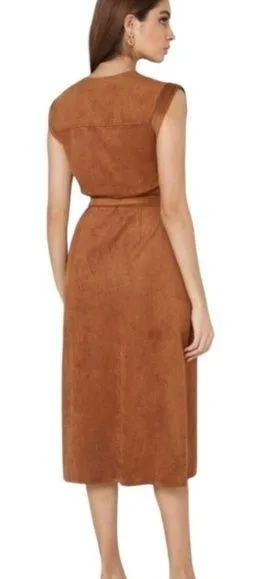 Brown sleeveless soft Faux suede midi wrap dress - Image 2
