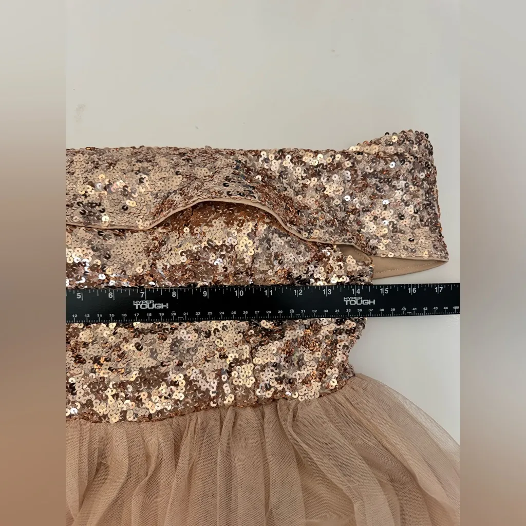 Faeriesty‎ Sequin Bodice Tulle Prom Dress Off Shoulder Formal Gown Evening Party Tan Size M - Image 7
