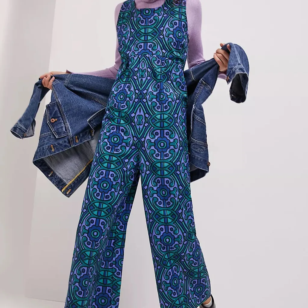 Anthro Bel Kazan Zephyr Wide-Leg Jumpsuit In Blue Size Large - Image 4