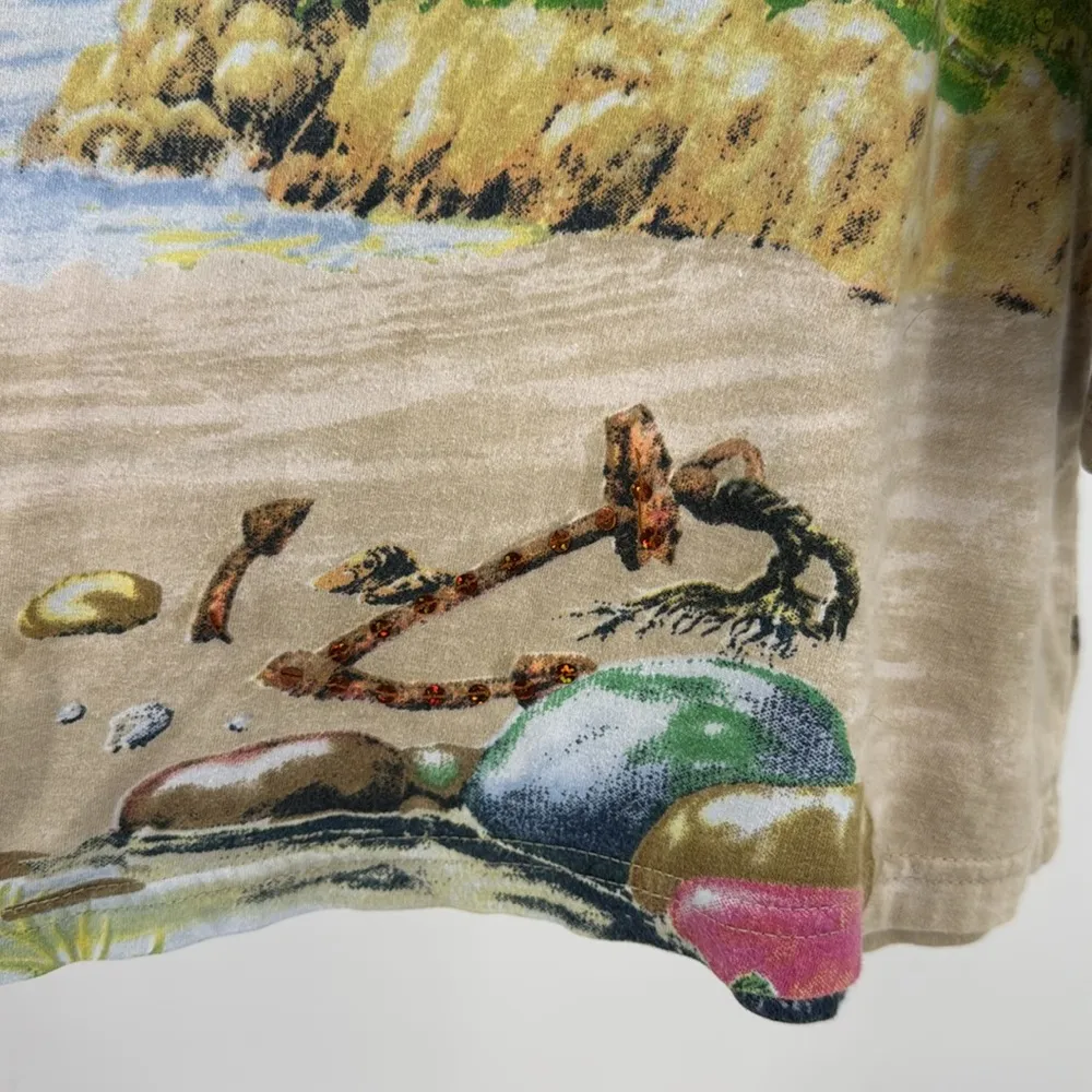 Take Two vintage 3/4 sleeve shirt cotton lighthouse sequins sailboats coastal L Blue Size L - Image 5