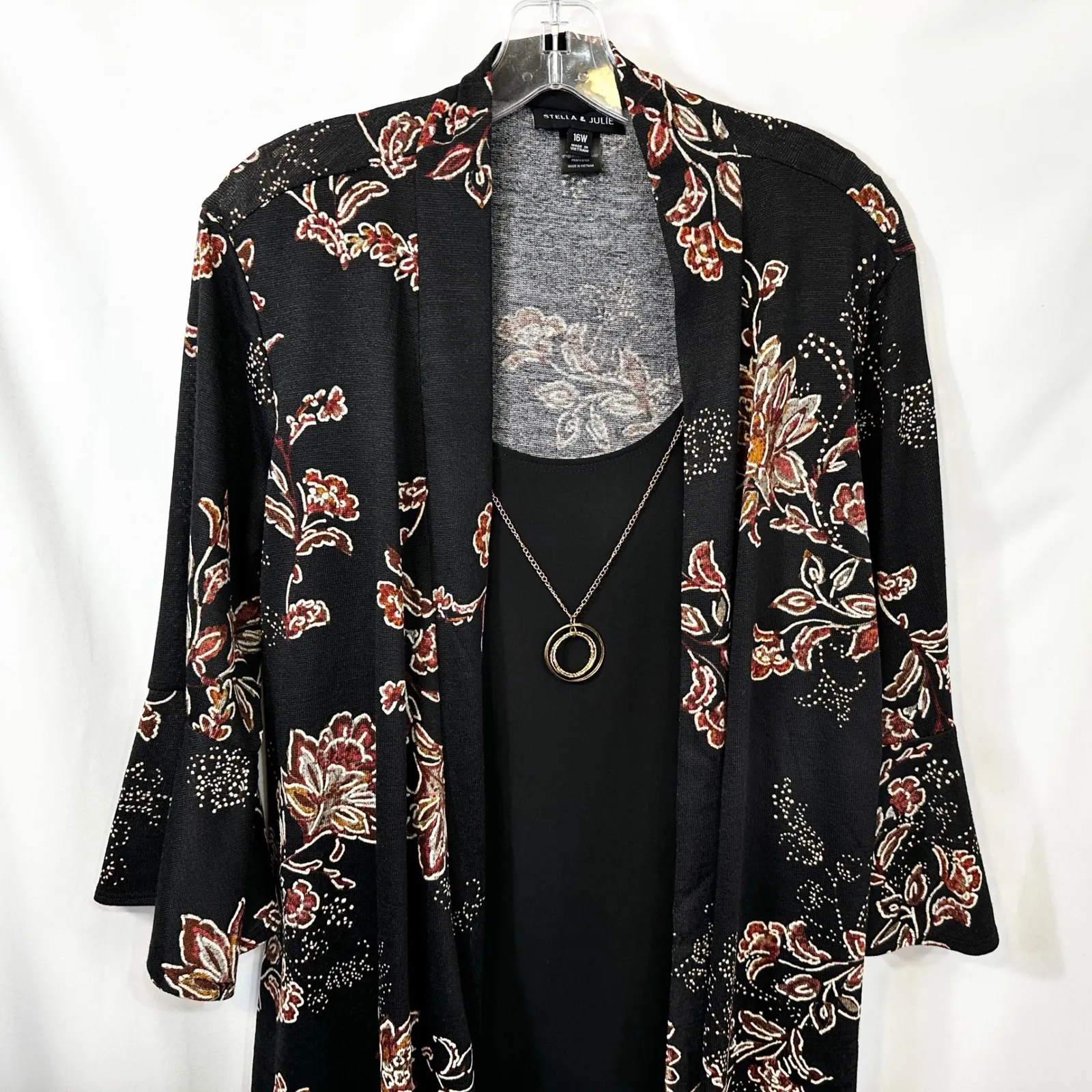 Stella Julie Plus Size 16W Top Boho Floral Shrug Necklace Bell Sleeve Black 1428 - Image 5