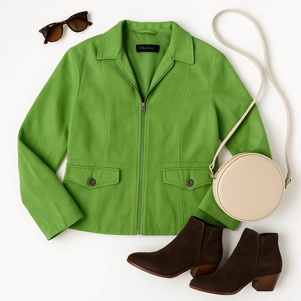 Tribal Lime Green Faux Suede Moto Jacket Women’s Size 6 Zip Front Silver Trim - Image 3