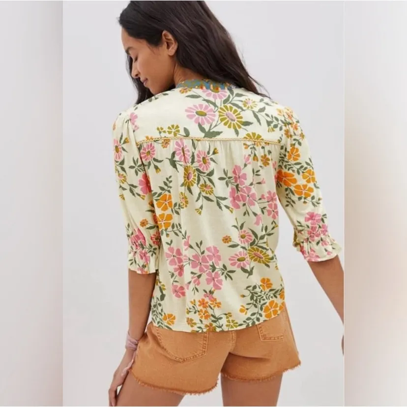 Bl^nk London Anthropologie Stephanie Embroidered Floral Top Small Boho Yellow - Image 12