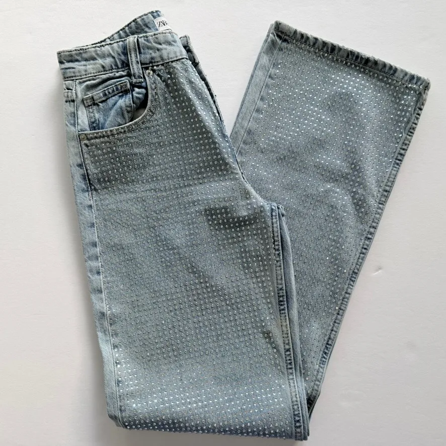 Zara Rhinestone Straight Leg Jeans High-Rise Light Wash Relaxed Size 34 / US 2 - Image 3