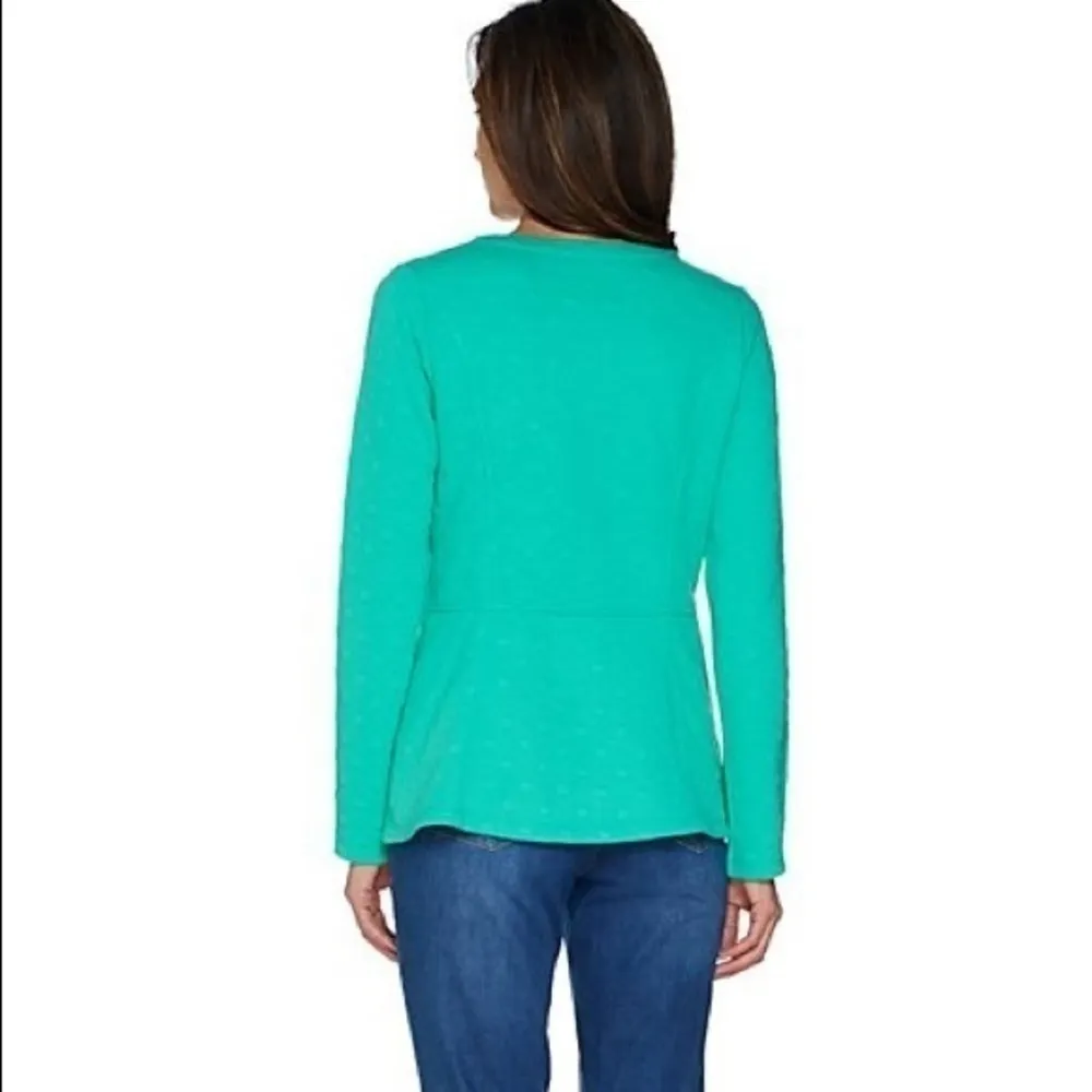Isaac Mizrahi Live Teal Polka Dot Jacquard Zip Up - Image 3