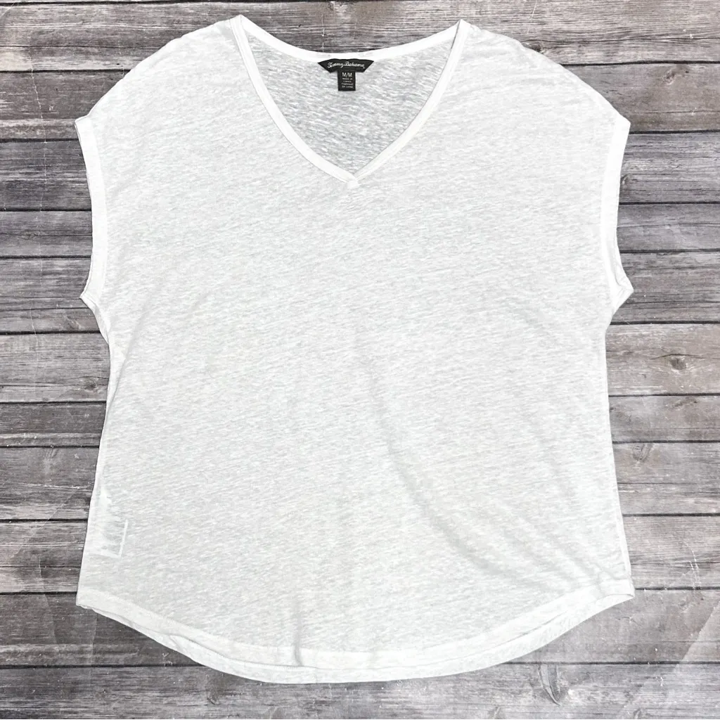 Tommy Bahama White Slub Knit Linen V Neck Extended Short Sleeve Relaxed Fit Top - Image 5