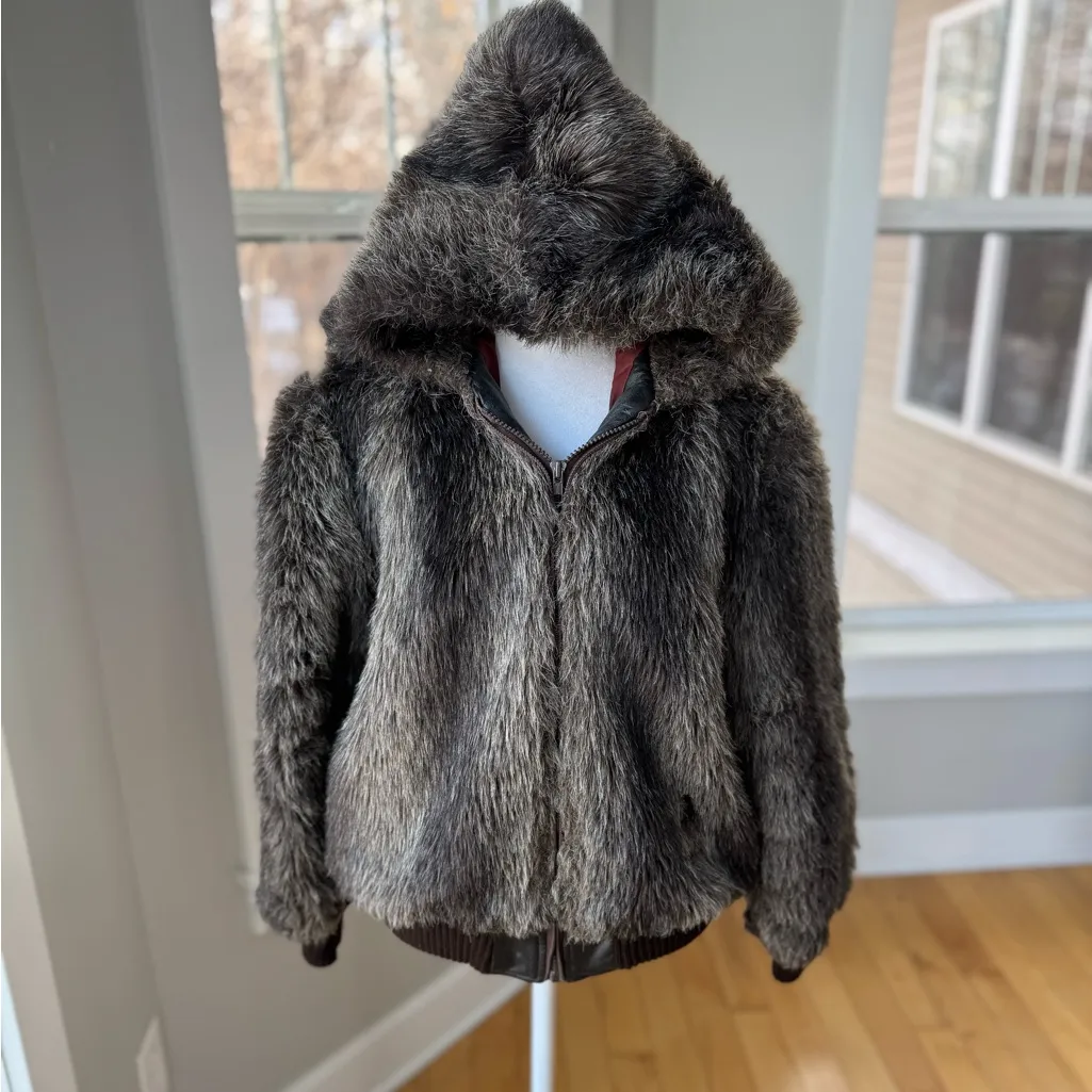 Vintage Raccoon Fur Cropped Hooded Fur Jacket Coat Medium Large Vtg 12 Gray - Image 4