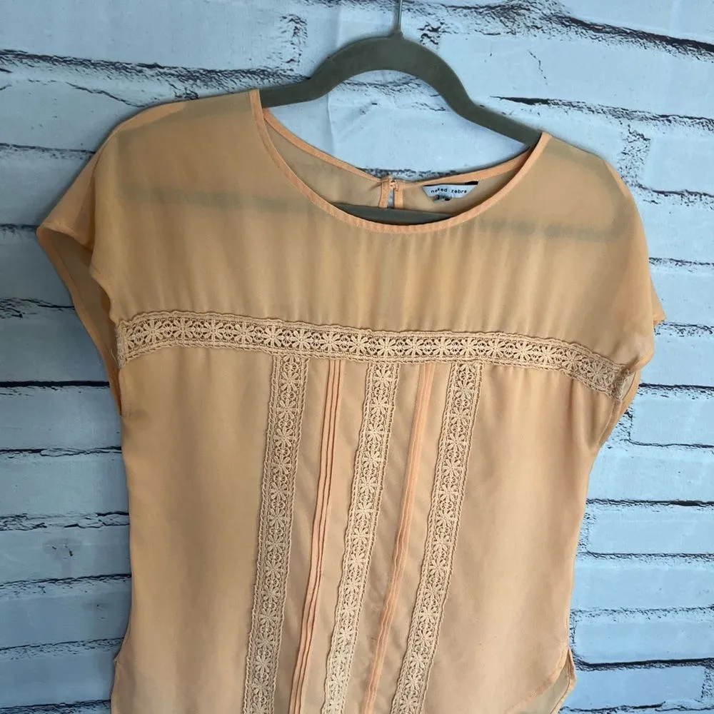 Naked Zebra Orange Cap Sleeve Flowy Pleated Blouse Relaxed Fit SZ M Ribbed Crew - Image 7