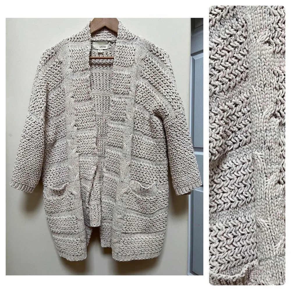 The Korner Open Knit Open Front Pockets Oversized Soft Longline Cardigan Size XS Tan - Image 2