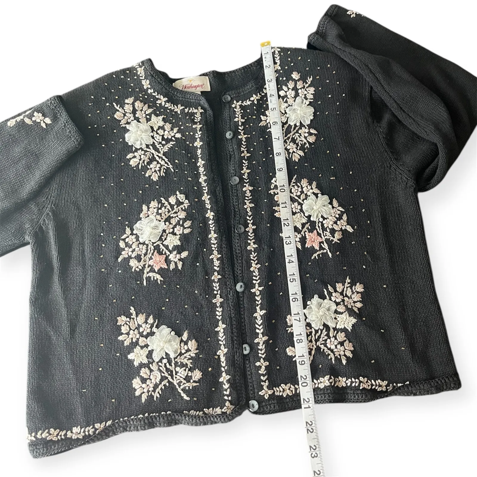 Worthington Black Floral Embroidered Beaded Knit Cardigan Grannycore Retro Sz M - Image 8