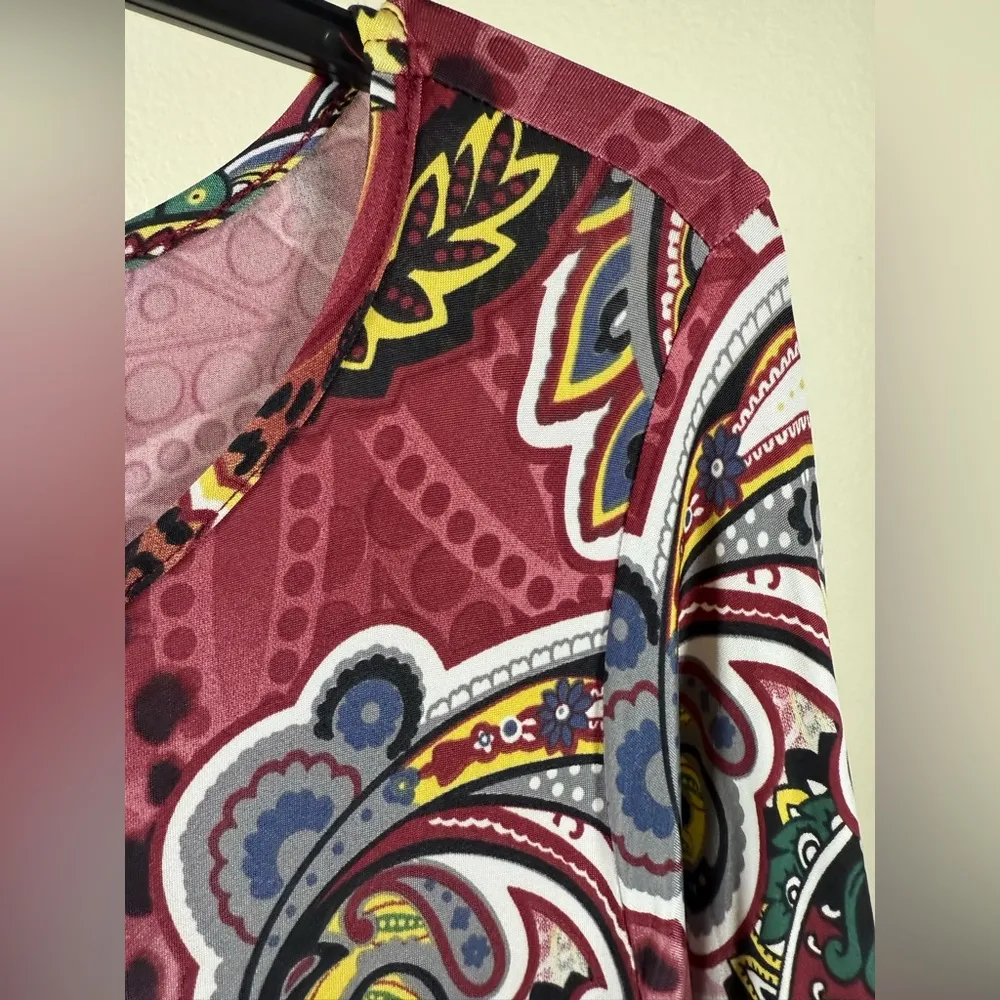 Boho Paisley Leopard Print Swing Dress Large Flowy Bell Sleeve Retro Chic Tunic Red - Image 4