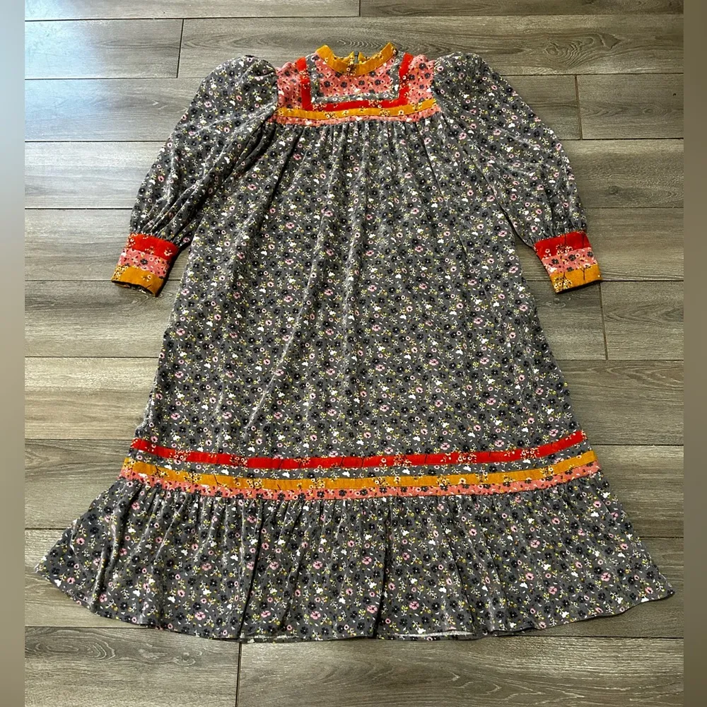 Celiab Blue Corduroy Floral Papyrus Peasant Midi Dress Size XS Boho - Image 3