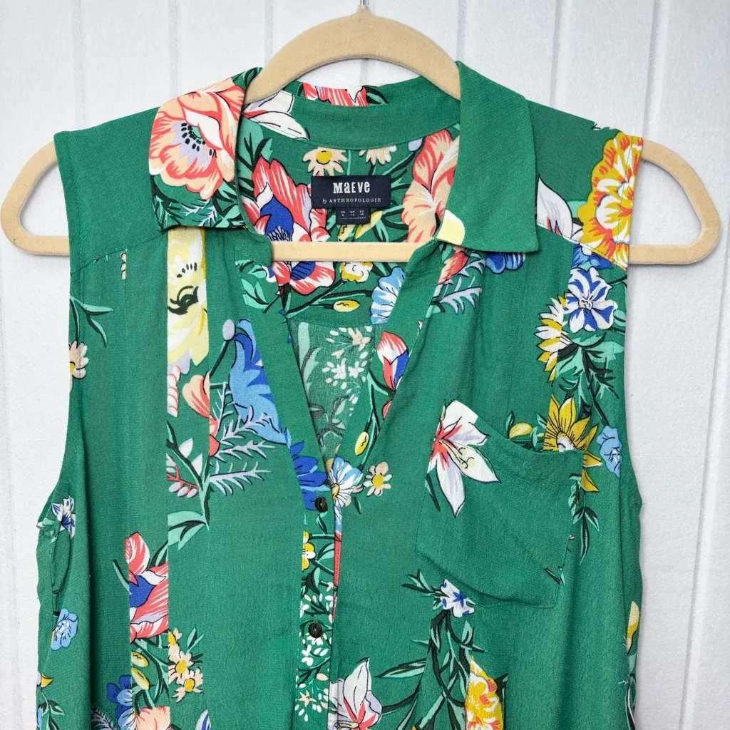 Anthropologie Maeve Green Floral Sleeveless Shirt Boho Midi Dress Size 8 - Image 3