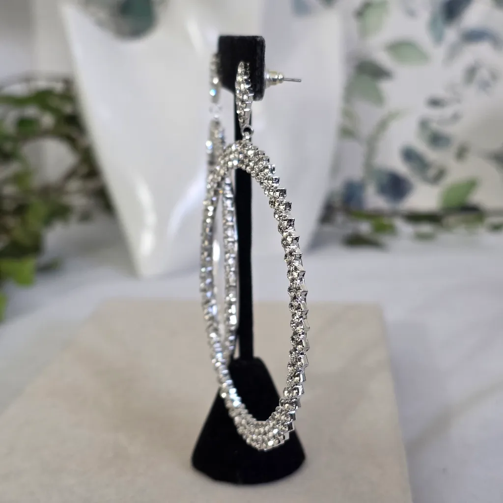 Large Silver and Rhinestone Hoop Earrings - Image 6