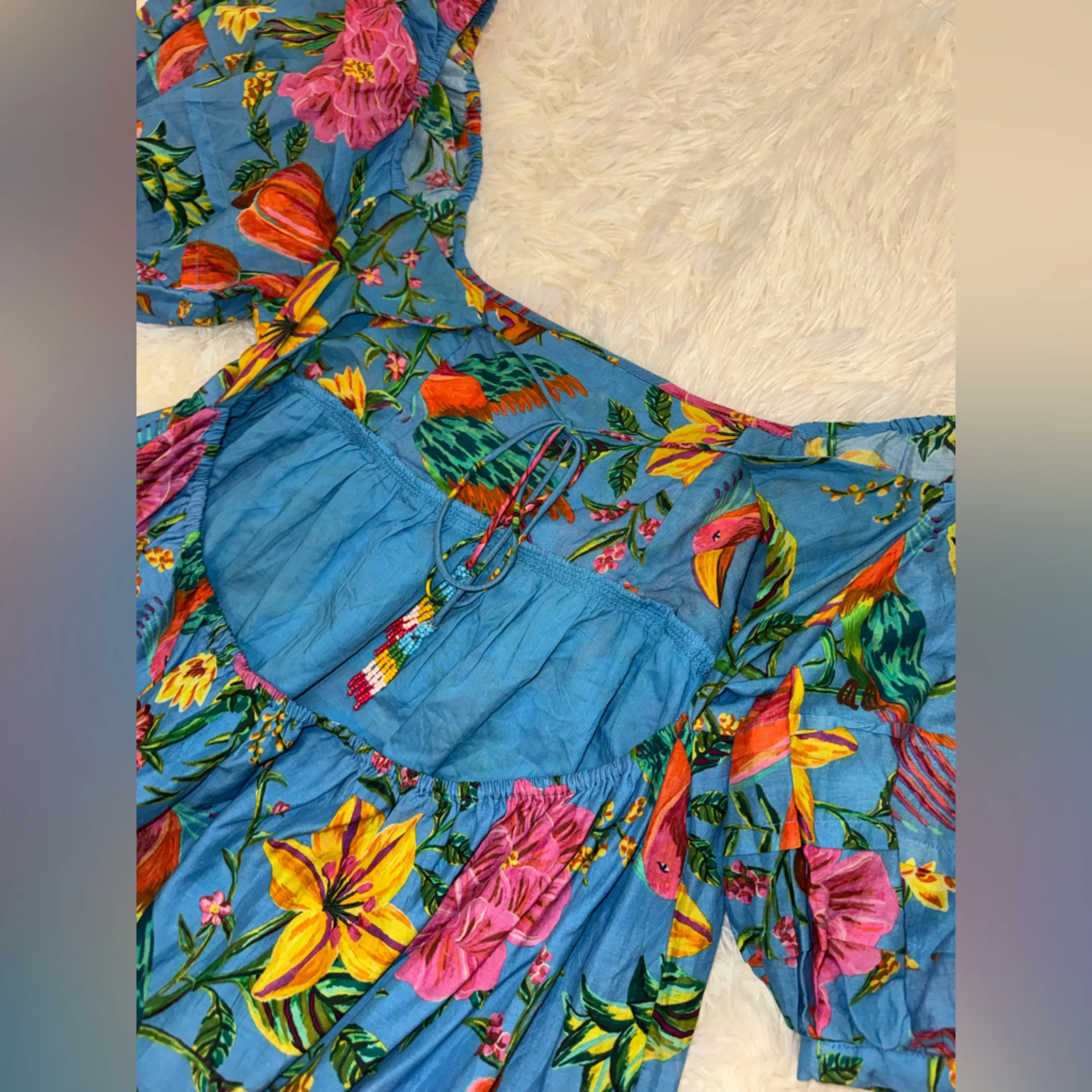 NEW FARM Rio Toucans Garden Puff Sleeves  Midi Dress in Blue Size L - Image 9