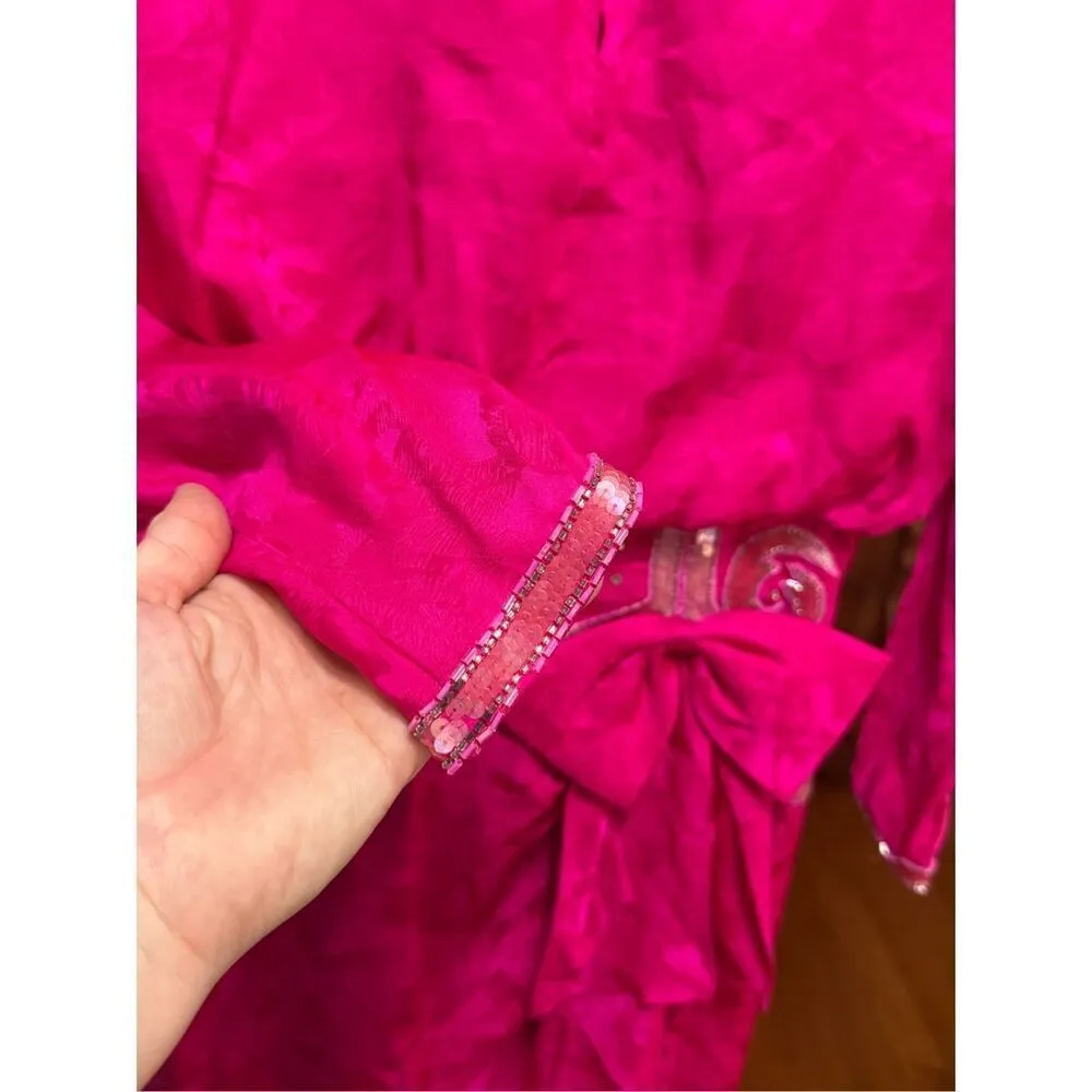 Spenser Jeremy Vintage 90s Hot Pink Magenta 100% Silk Beaded Midi Dress w/ Bow s Size 8 - Image 14