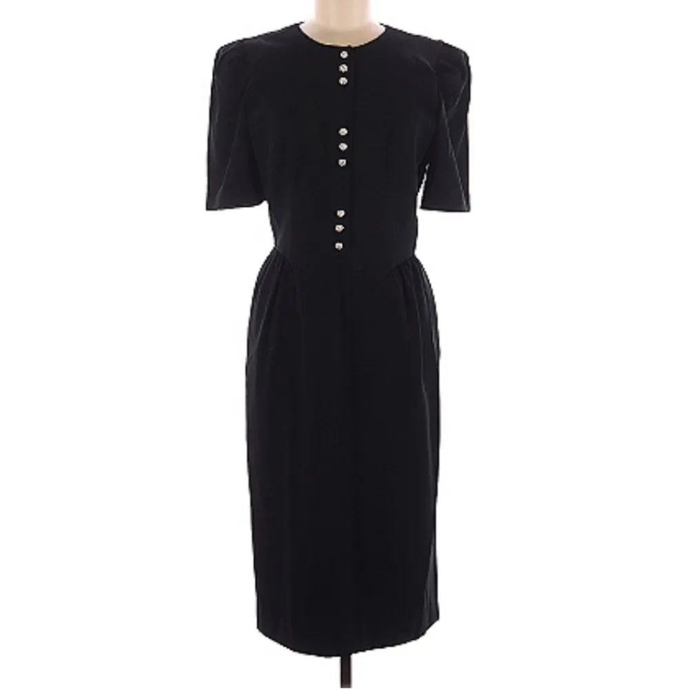 NWT Vintage 80s Saks Fifth Ave Rimini Midi Dress Sheath Rhinestone AB Buttons M - Image 2