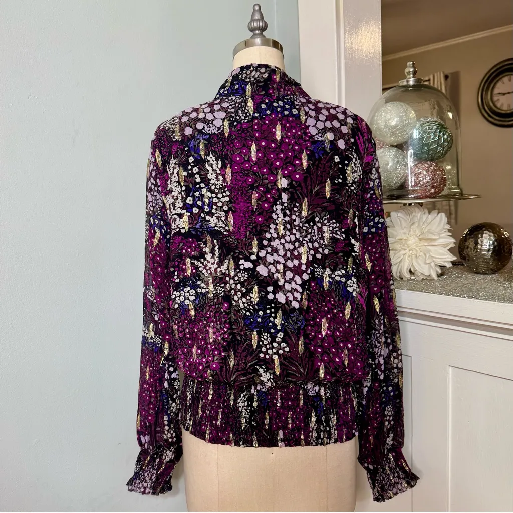 White House Black Market Long Sleeve Floral Metallic Blouson Blouse Purple 10 - Image 6