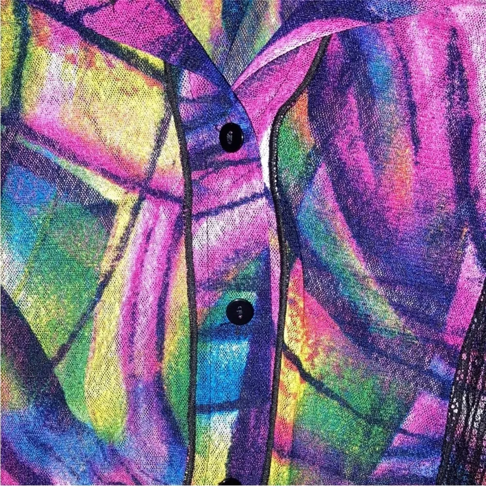 Vintage Creation Sheer Lace Cut Outs Bright Neon Abstract Mini Dress Tunic Mesh Multiple - Image 11